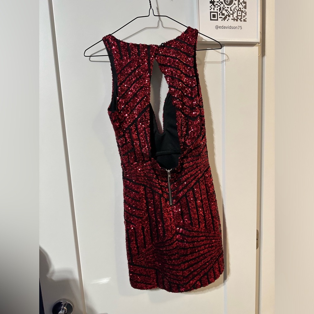 Red sequin mini dress new years Christmas tea and cup
LA size small